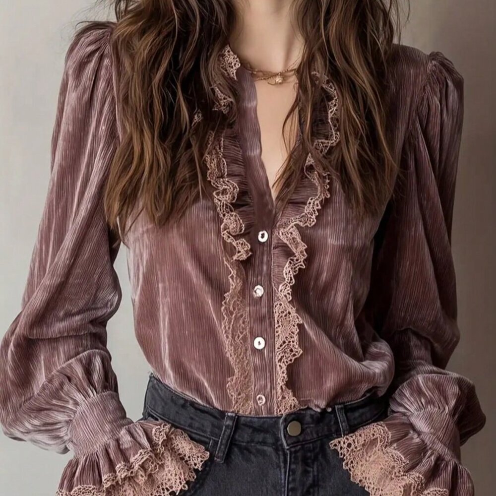 Dusty Pink Elegant Women's Velvet Blouse - Picture 1 of 8